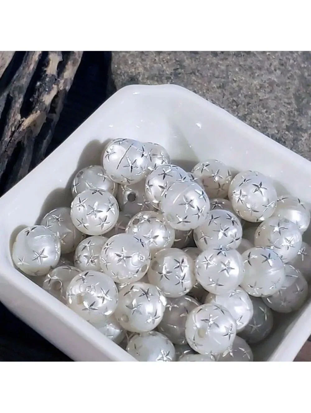 10 Vintage Retro Gray Silver Stars 12mm Round Acrylic Shabby Chic Beads
